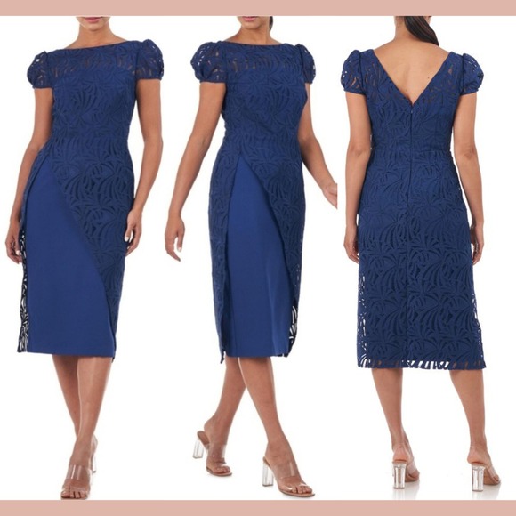 NEW $328 KAY‎ UNGER [ 6 ] Zelda Puff-sleeve A-line Lace Midi Dress in Blue